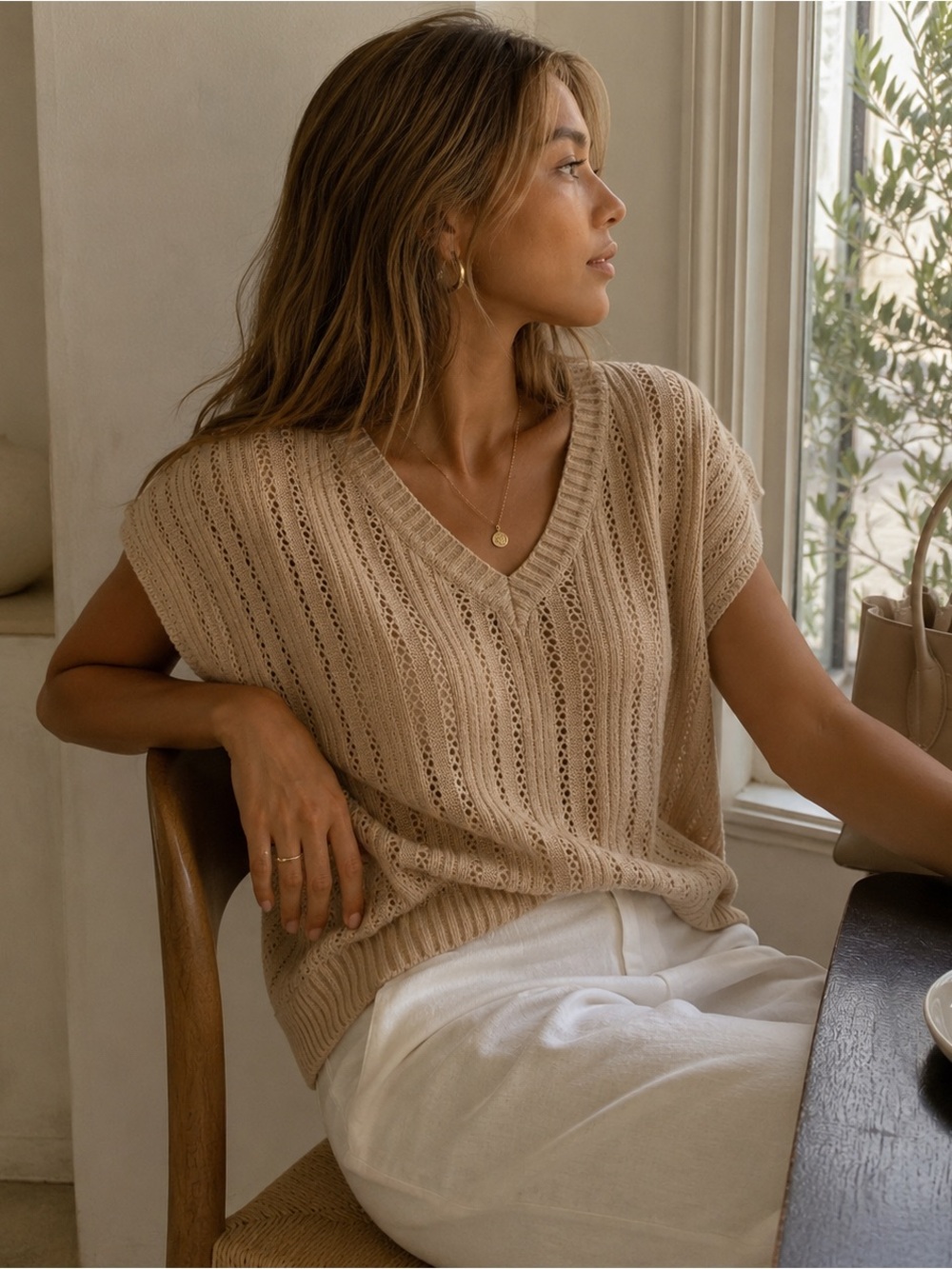 Joie Beige Pointelle Knit Dolman Sweater